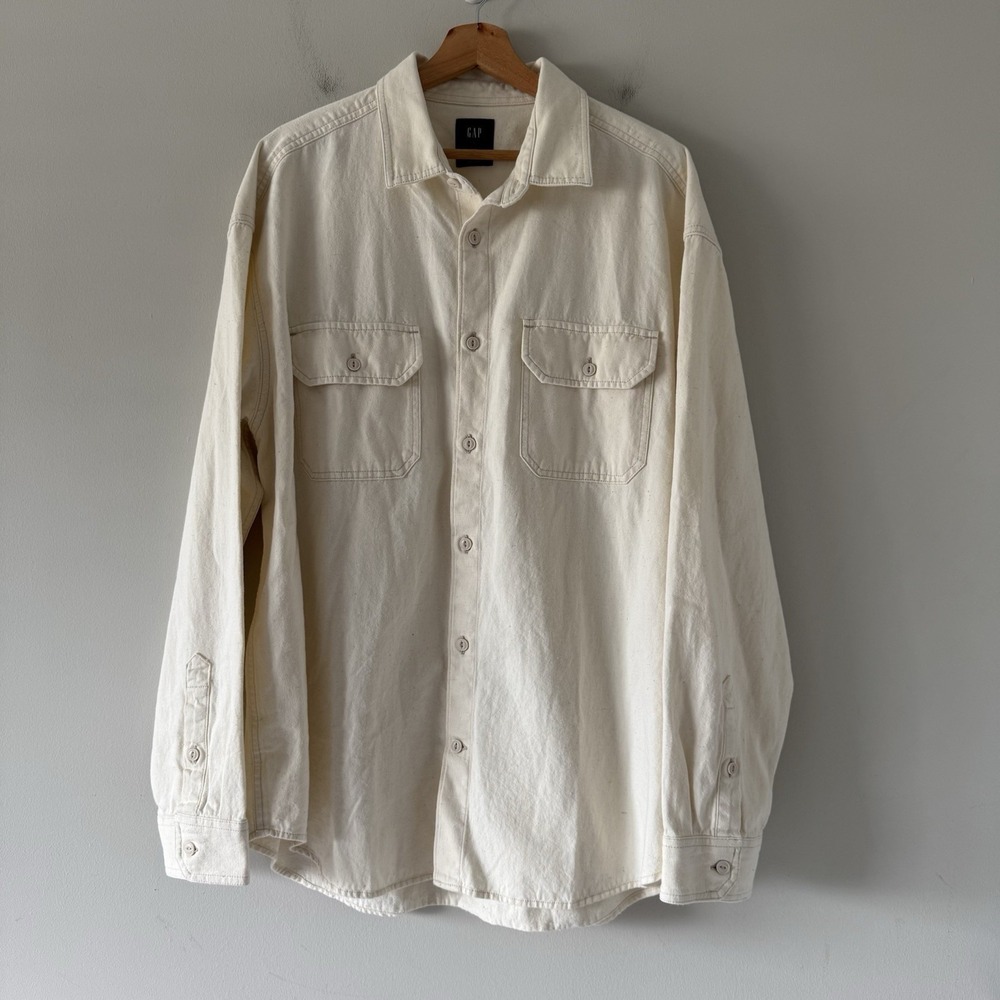 Gap The Big Shirt Denim Button Up Shirt Mens Large Cream Oversized Relaxed Fit
